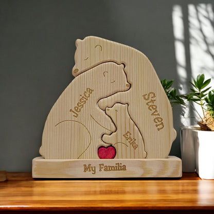 Handmade bear family keepsake with wooden stand showing three person family
