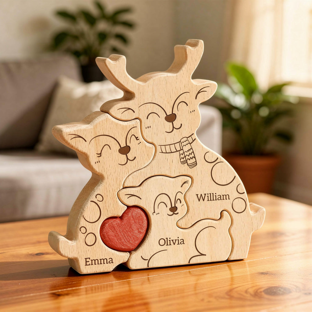 Handmade deer family keepsake for trio of family members with engraving
on a wooden surface