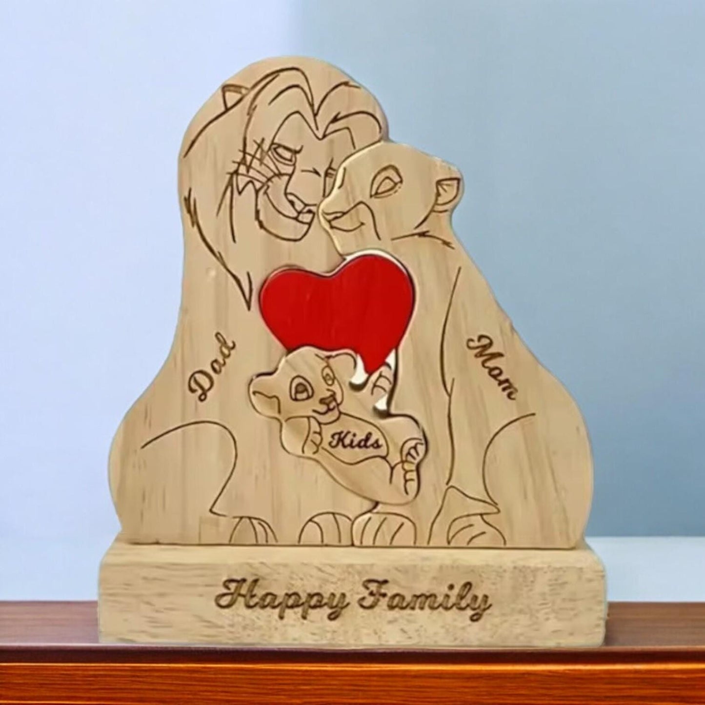 Handmade lion family keepsake showing family of three with personalisation