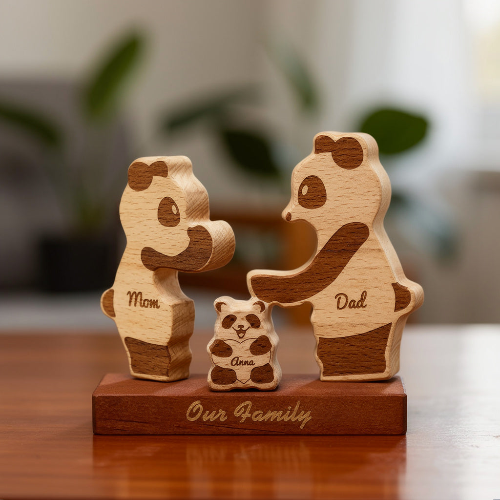 Handmade panda family keepsake for trio family members with engraving on  a shelf