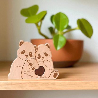 Handmade panda family ornament showing family of three with personalisation with names