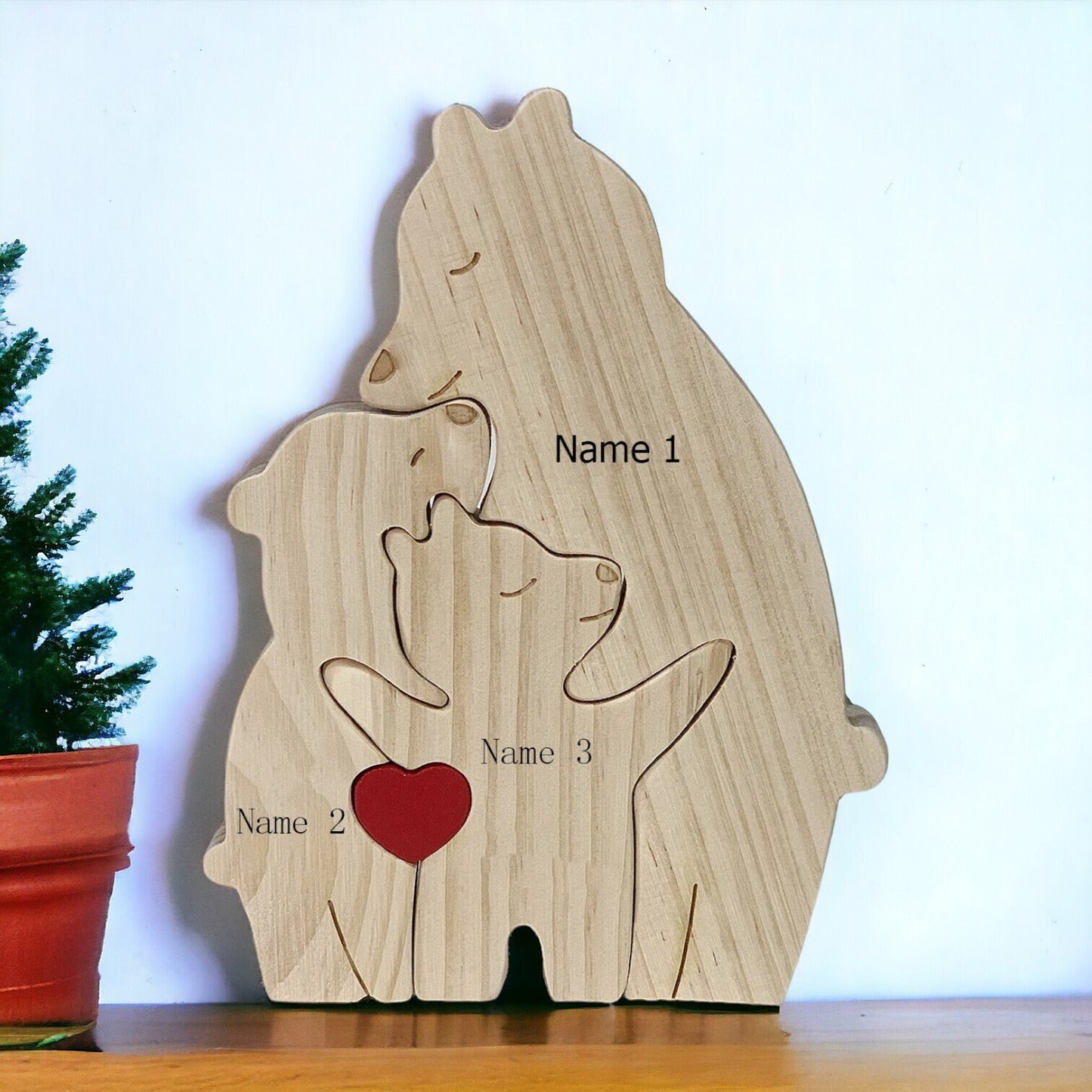 Handmade single parent bear keepsake for parent and two children family on a desk