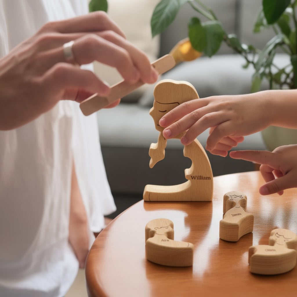 Assembly of wooden hugging family puzzle with personalised engraved names, five member family in premium beech wood on a shelf.