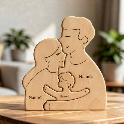 Wooden hugging family puzzle with personalised engraved names, three member family in premium beech wood on a shelf.