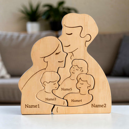 Wooden hugging family puzzle with personalised engraved names, five member family in premium beech wood on a shelf.