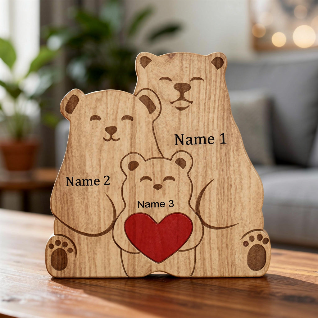 Personalized wooden koala family figurine with custom engraved names and heart detail, a meaningful family gift and keepsake for parents, children, anniversaries, and home décor. For a family of 3.