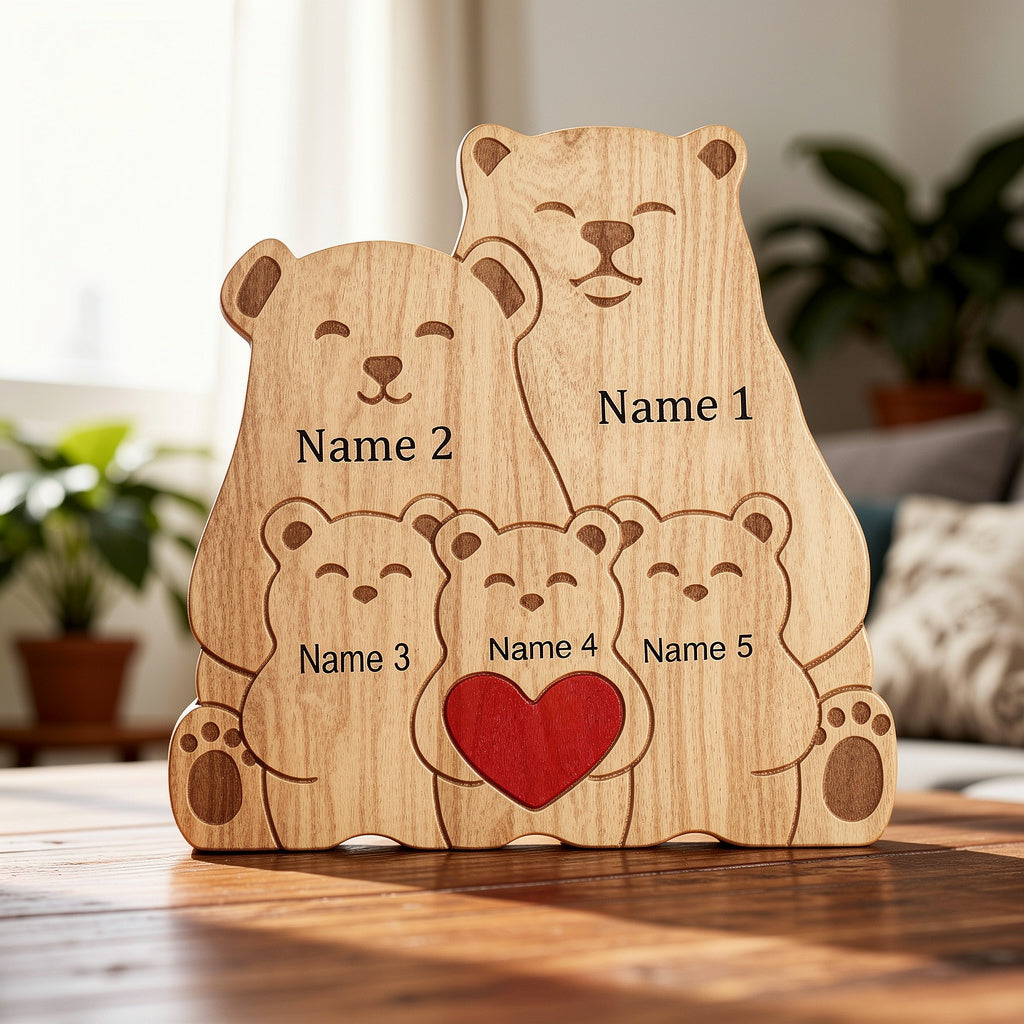 Personalized wooden koala family figurine with custom engraved names and heart detail, a meaningful family gift and keepsake for parents, children, anniversaries, and home décor. For a family of 5.