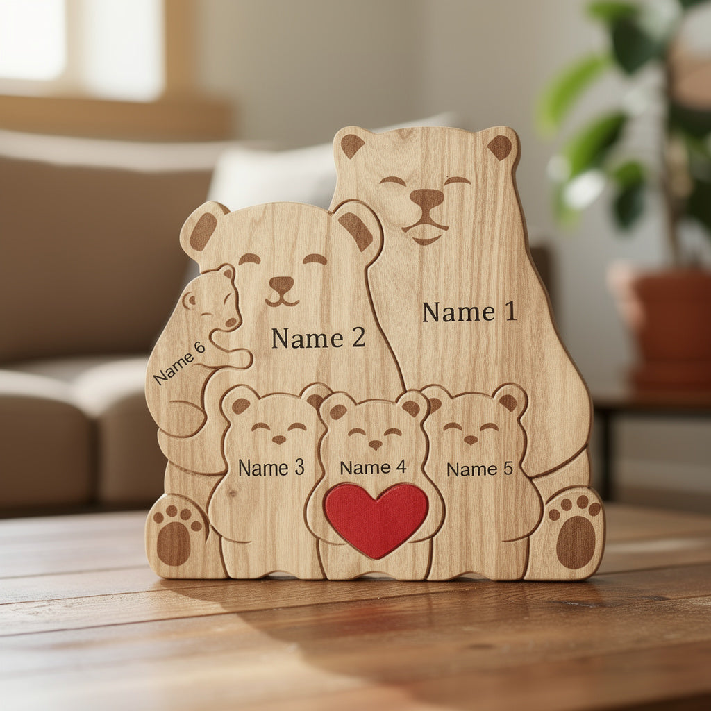 Personalized wooden koala family figurine with custom engraved names and heart detail, a meaningful family gift and keepsake for parents, children, anniversaries, and home décor. For a family of 6.