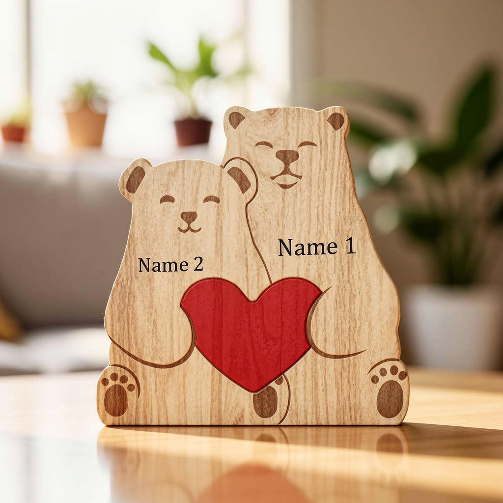Personalized wooden koala family figurine with custom engraved names and heart detail, a meaningful family gift and keepsake for parents, children, anniversaries, and home décor. For a family of 2.