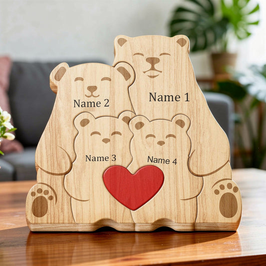 Personalized wooden koala family figurine with custom engraved names and heart detail, a meaningful family gift and keepsake for parents, children, anniversaries, and home décor. For a family of 4.