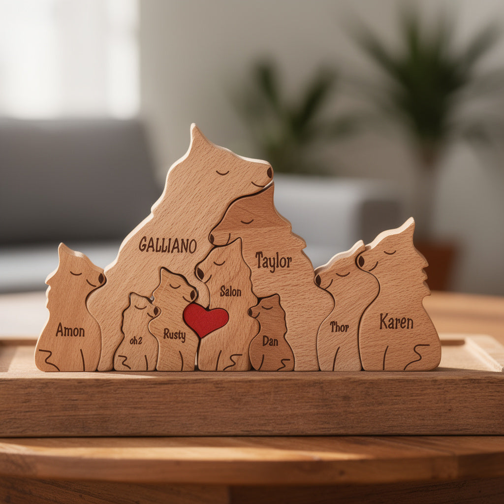 Wooden family figure with cut-out shapes and names, featuring a red heart in the center.