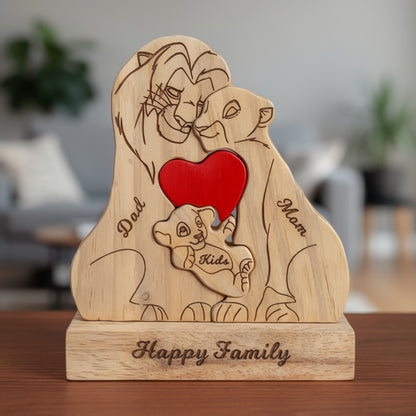 Personalized wooden lion  family figurine with engraved names and heart detail, a meaningful family keepsake and custom gift for parents, children, anniversaries, or home décor.