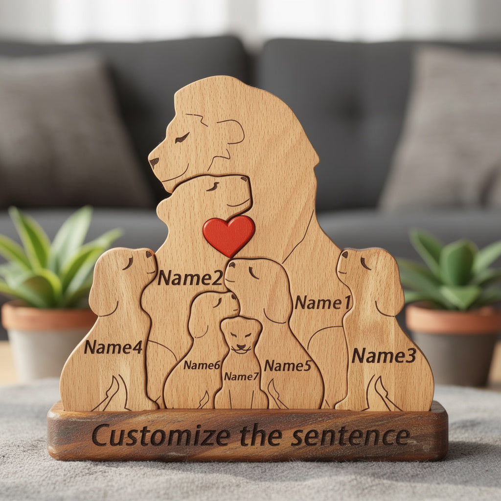 Personalised engraved wooden lion family figurine featuring parents and cubs with a heart, a heartfelt personalized gift for families, parents, anniversaries, or home décor lovers. For a family of 7 people.