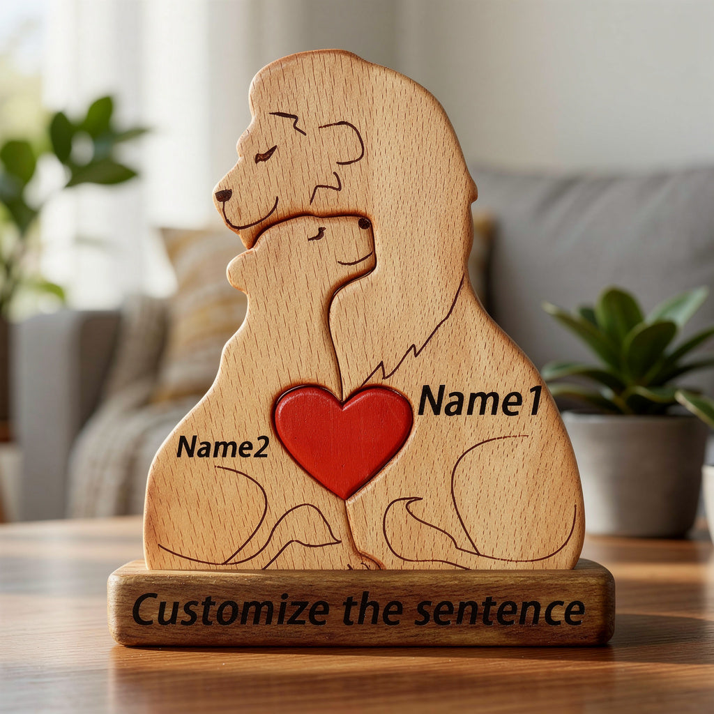 Custom engraved wooden lion family figurine featuring parents and cubs with a heart, a heartfelt personalized gift for families, parents, anniversaries, or home décor lovers. For a family of 2 people.