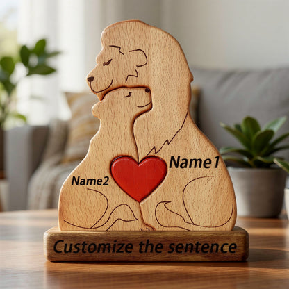 Custom engraved wooden lion family figurine featuring parents and cubs with a heart, a heartfelt personalized gift for families, parents, anniversaries, or home décor lovers. For a family of 2 people.