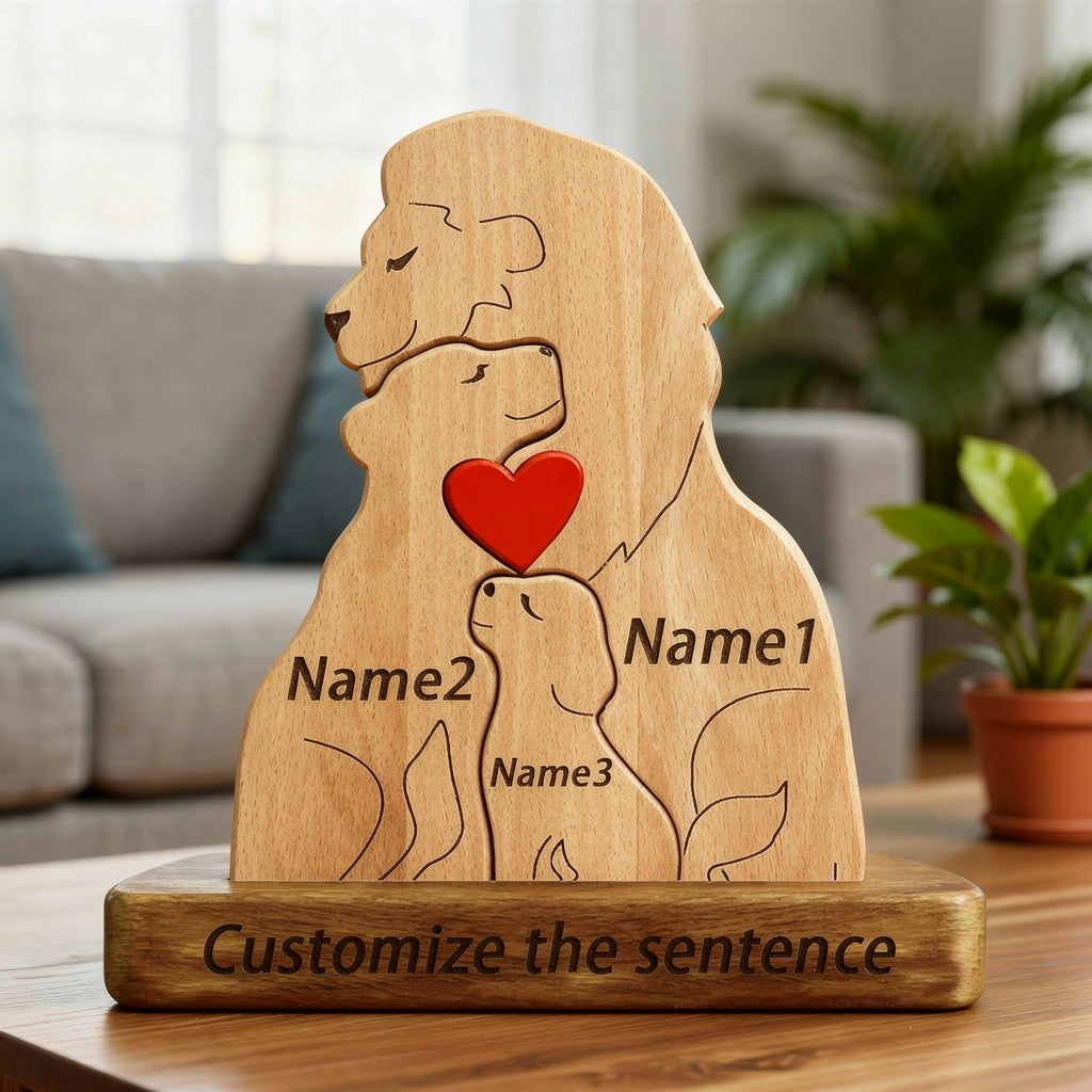 Custom engraved wooden lion family figurine featuring parents and cubs with a heart, a heartfelt personalized gift for families, parents, anniversaries, or home décor lovers. For a family of 3 people.