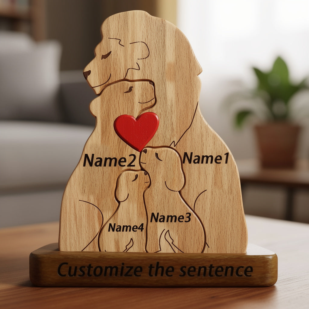 Custom engraved wooden lion family figurine featuring parents and cubs with a heart, a heartfelt personalized gift for families, parents, anniversaries, or home décor lovers. For a family of 4 people.