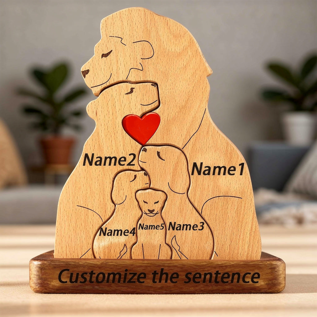 Custom engraved wooden lion family figurine featuring parents and cubs with a heart, a heartfelt personalized gift for families, parents, anniversaries, or home décor lovers. For a family of 5 people.