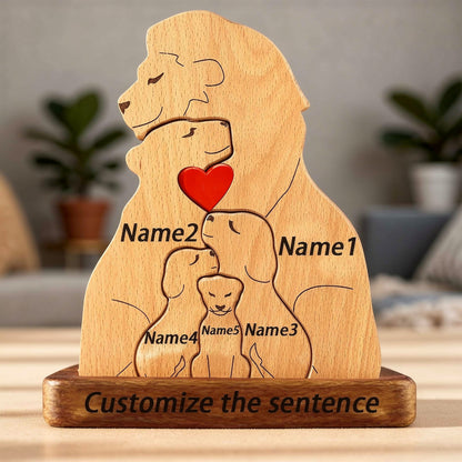 Custom engraved wooden lion family figurine featuring parents and cubs with a heart, a heartfelt personalized gift for families, parents, anniversaries, or home décor lovers. For a family of 5 people.
