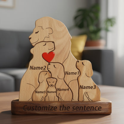 Custom engraved wooden lion family figurine featuring parents and cubs with a heart, a heartfelt personalized gift for families, parents, anniversaries, or home décor lovers. For a family of 6 people.