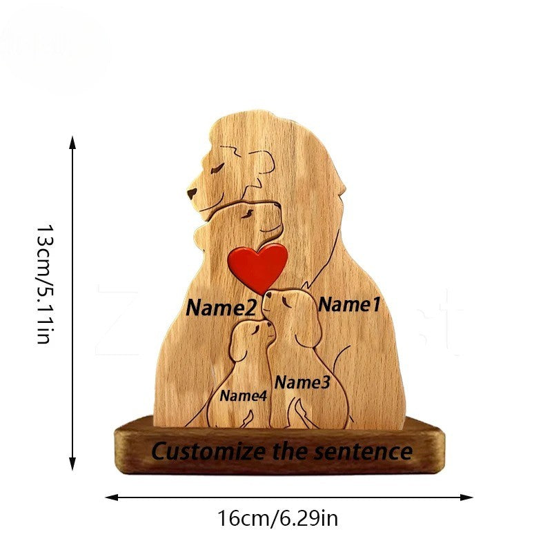 Dimensions for a custom engraved wooden lion family figurine featuring parents and cubs with a heart, a heartfelt personalized gift for families, parents, anniversaries, or home décor lovers. For a family of 4 people.