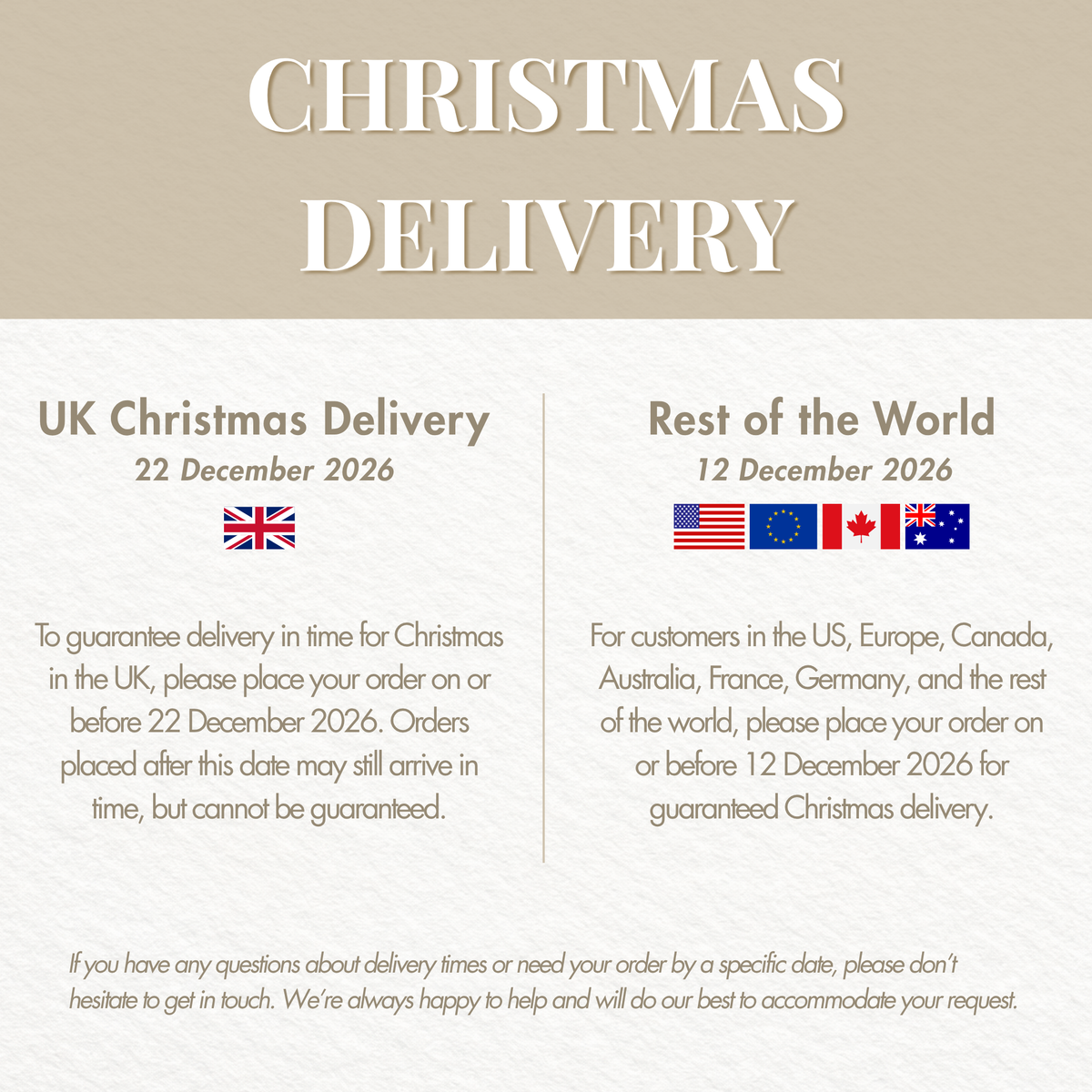 A digital graphic detailing Christmas delivery timelines, with a beige header reading 'CHRISTMAS DELIVERY' and a white textured section explaining UK and rest-of-the-world delivery dates and flags. MyFamilyPuzzle Christmas Day delivery guarantee for personalised Animal Family Puzzles and Family Keepsakes, including giraffe, bear, elephant, dinosaur and penguin family puzzles, plus many more animal designs. Order by UK and international cut-off dates for guaranteed arrival. Perfect Christmas gift.