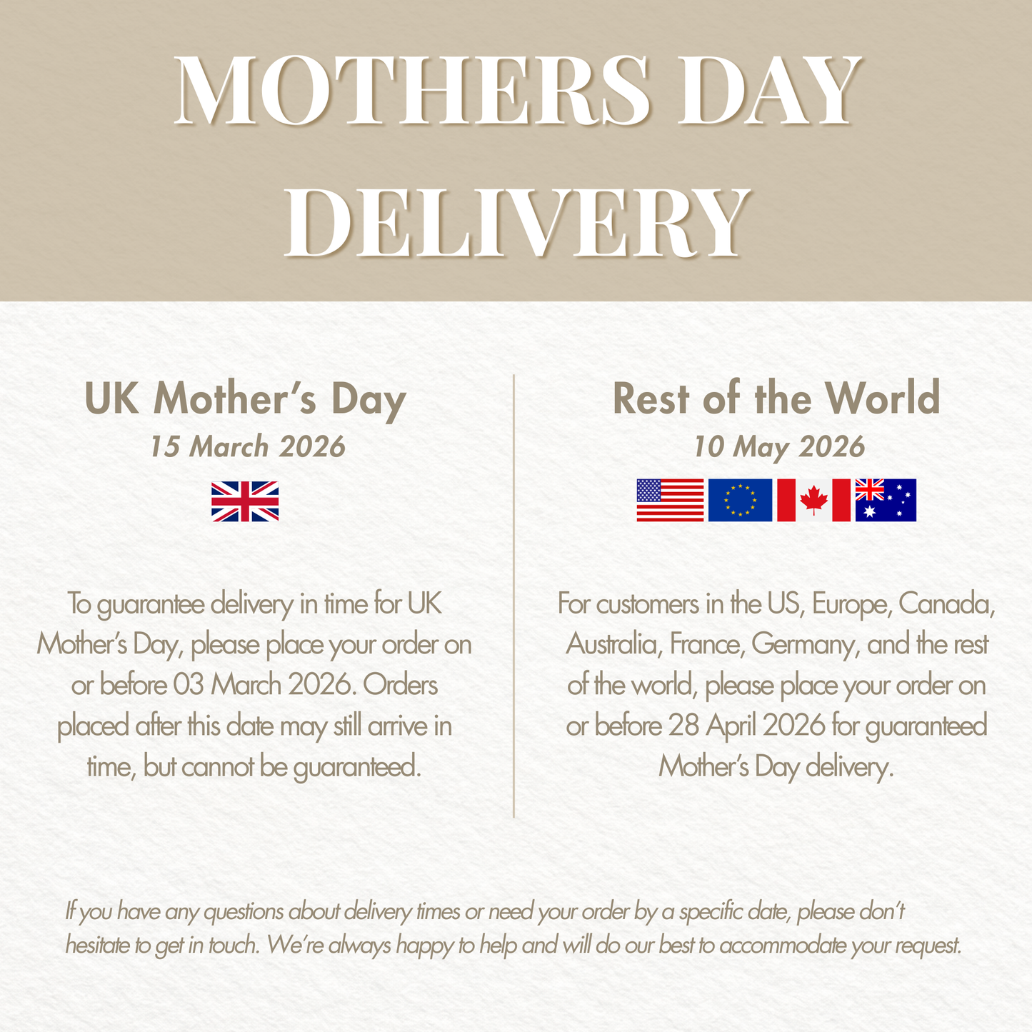 MyFamilyPuzzle Mother’s Day delivery guarantee for personalised Animal Family Puzzles and Family Keepsakes, including giraffe, bear, elephant, dinosaur and penguin family puzzles, plus many more animal designs. Order by UK and international cut-off dates for guaranteed arrival. Perfect Mother’s Day gift, anniversary gift, Valentine’s Day present, Christmas gift, new mum keepsake and meaningful heirloom home decor.