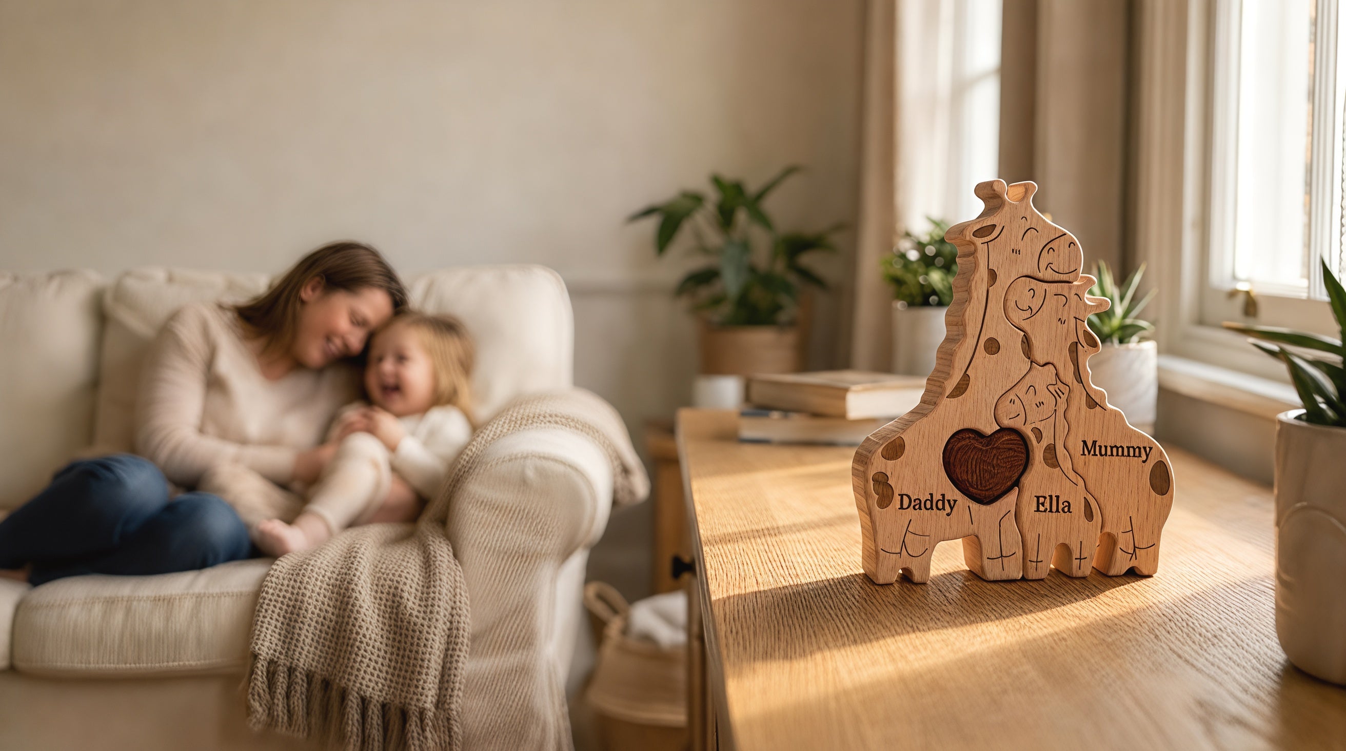 A personalised wooden giraffe family puzzle of 3 with custom engraved names, handcrafted beech wood family keepsake and nursery decor. The puzzle features a red heart and is made of light-coloured wood. A unique and personalised gift. There is a little girl and her mother in the background, cheerfully laughing. MyFamilyPuzzle - Handmade Gifts UK