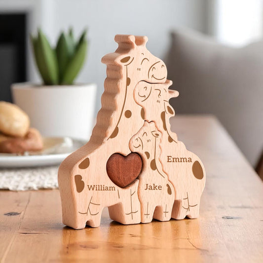 Close up of custom engraved names on wooden giraffe family puzzle
