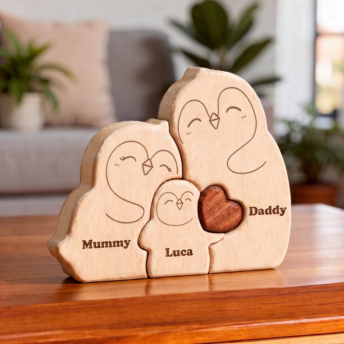 Personalized wooden family penguin toy with engraved names 'Mummy', 'Luca', and 'Daddy' on a wooden table in a living room setting. Handmade penguin family keepsake in premium pine wood for nursery on a wooden surface, family of 3 gift