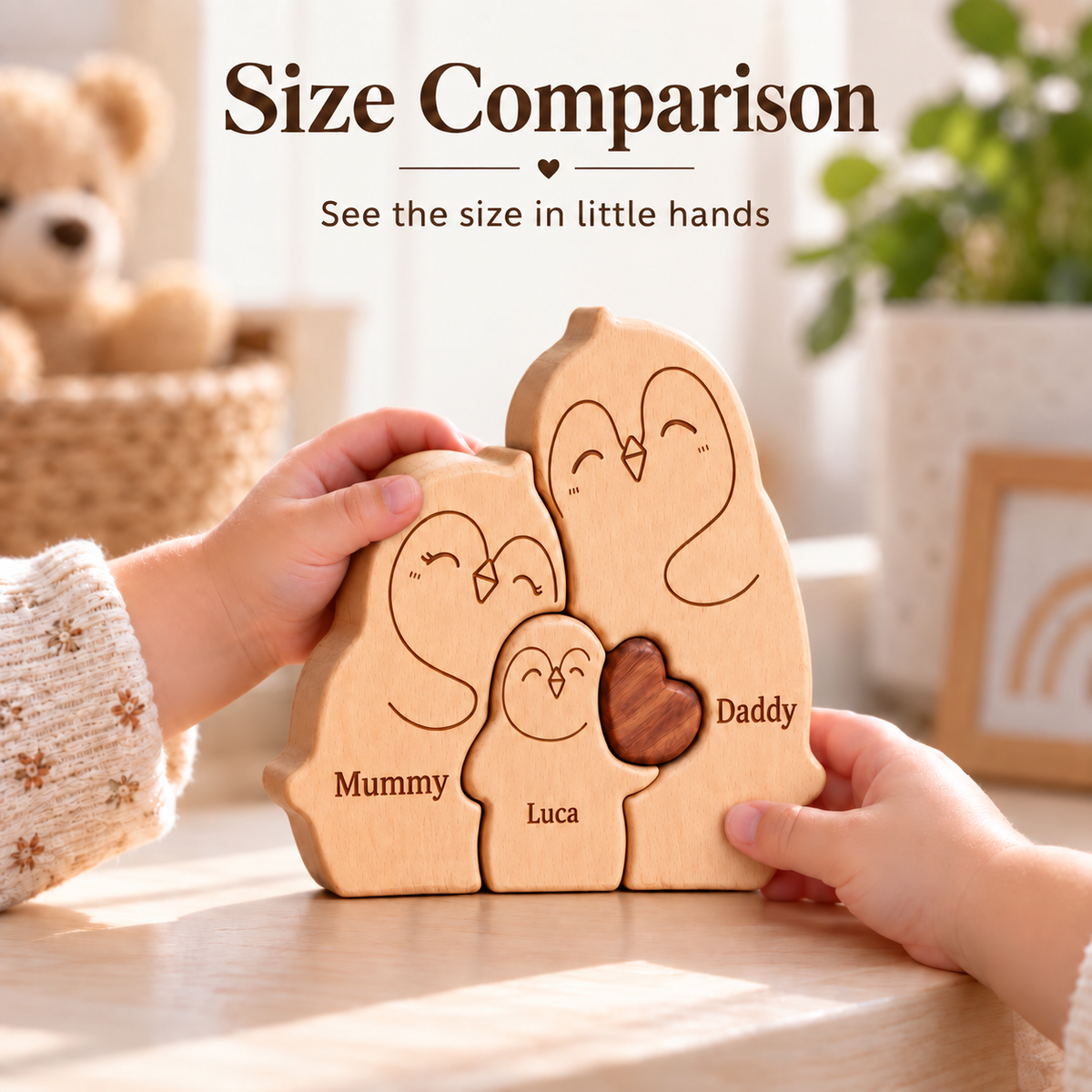 MyFamilyPuzzle personalised penguin family puzzle held in a child's hands for size comparison. Two adult penguins and one baby penguin in solid beech wood are engraved Mummy, Daddy and Luca, with a brown wooden heart. Shown on a sunlit table, this personalised wooden family keepsake makes a new mum gift, new baby gift, baby shower gift or personalised family gift.