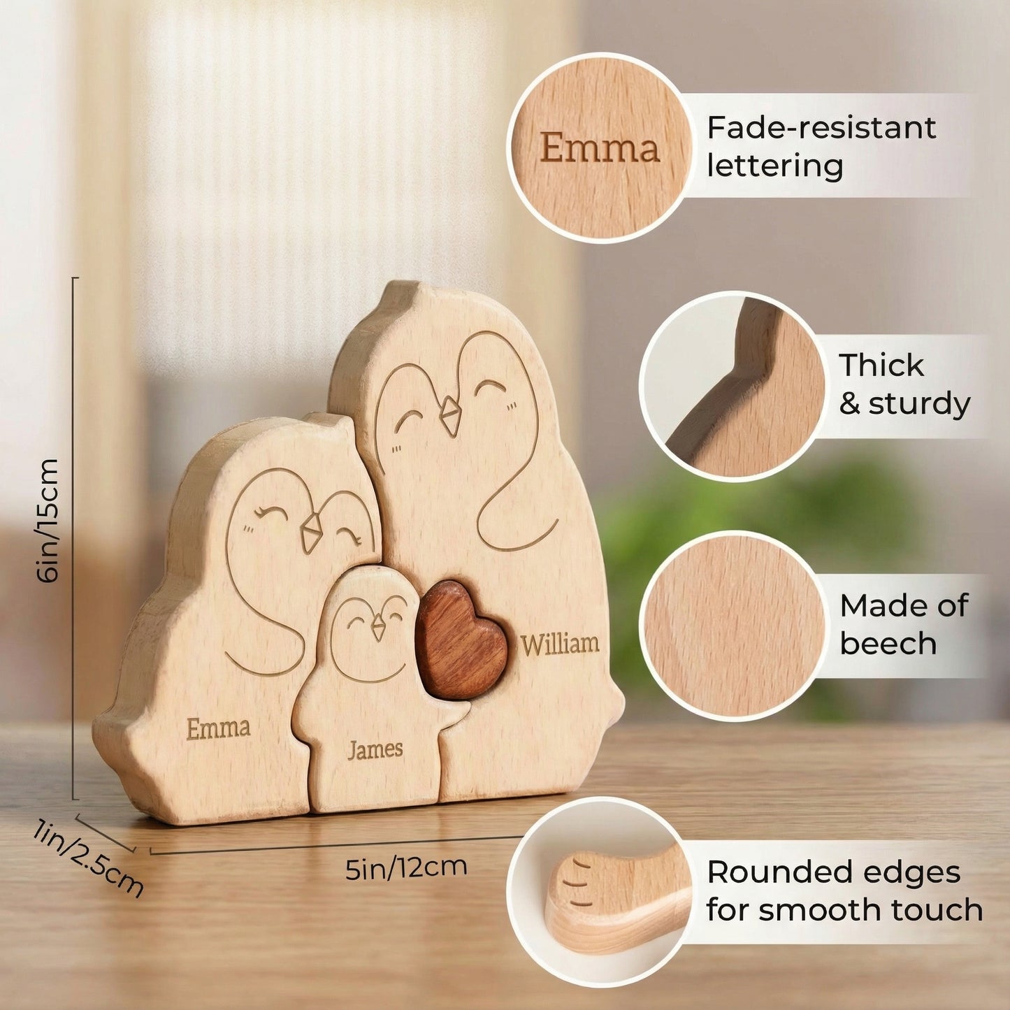 Size guide showcasing the key features of a personalised wooden penguin family puzzle with custom engraved names, handcrafted from beech wood as a unique family keepsake and home décor piece. Handcrafted beech wood family keepsake and home décor. The puzzle features a red heart and is made of light-coloured wood. A unique and personalised gift.