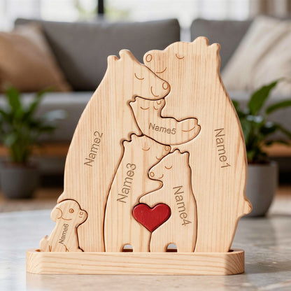 Personalised bear family puzzle with a dog for five  people and dog with custom engraved names on a wood base