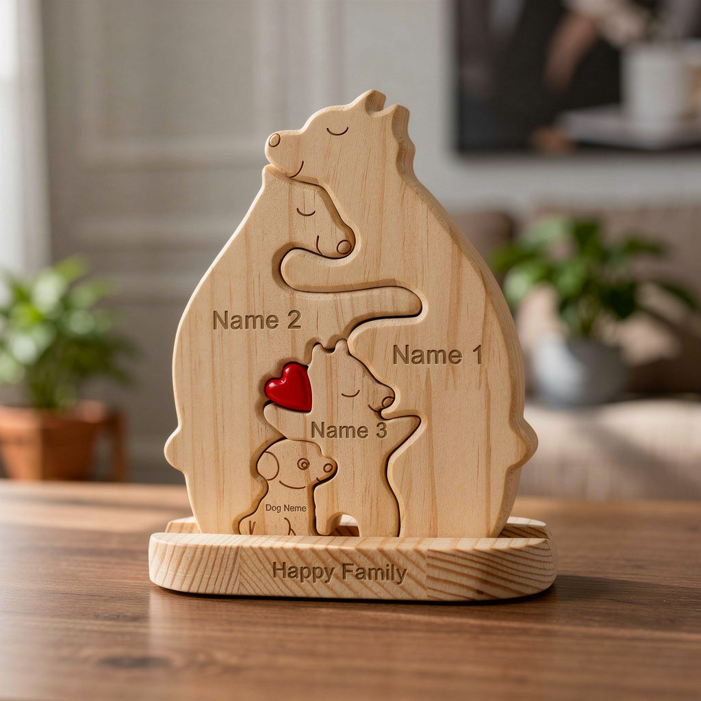 Wooden sculpture of a family with three members with a dog and a heart, personalized with names.