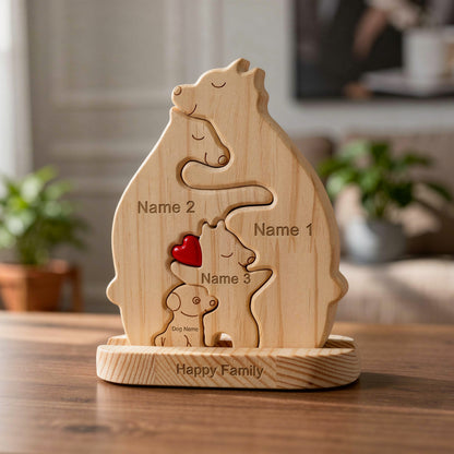 Wooden sculpture of a family with three members with a dog and a heart, personalized with names.