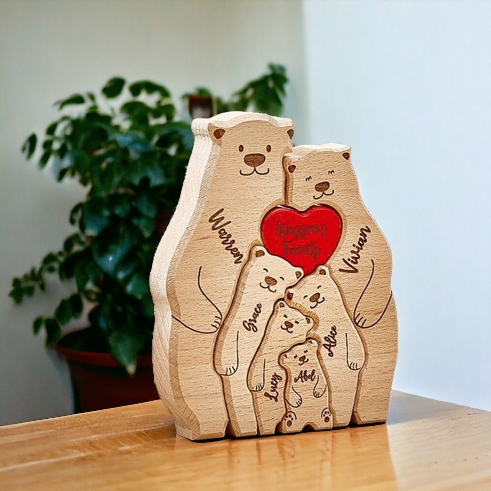 Personalised bear family wooden ornament for a family of 6 people with custom engraved names