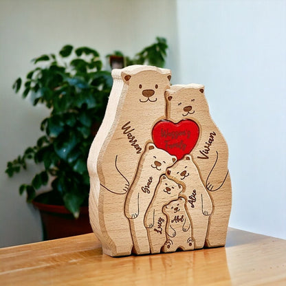 Personalised bear family wooden ornament for a family of 6 people with custom engraved names