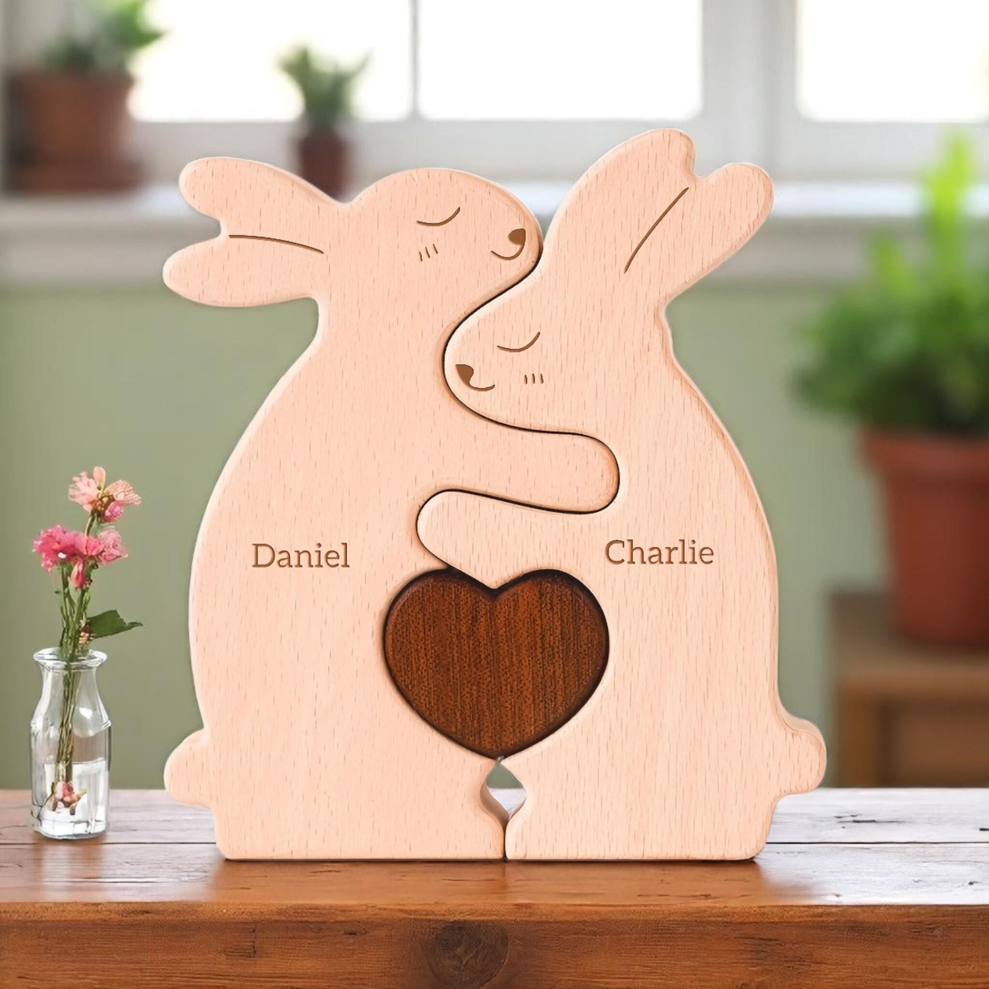 Personalised bunny family wooden keepsake for two people with custom names