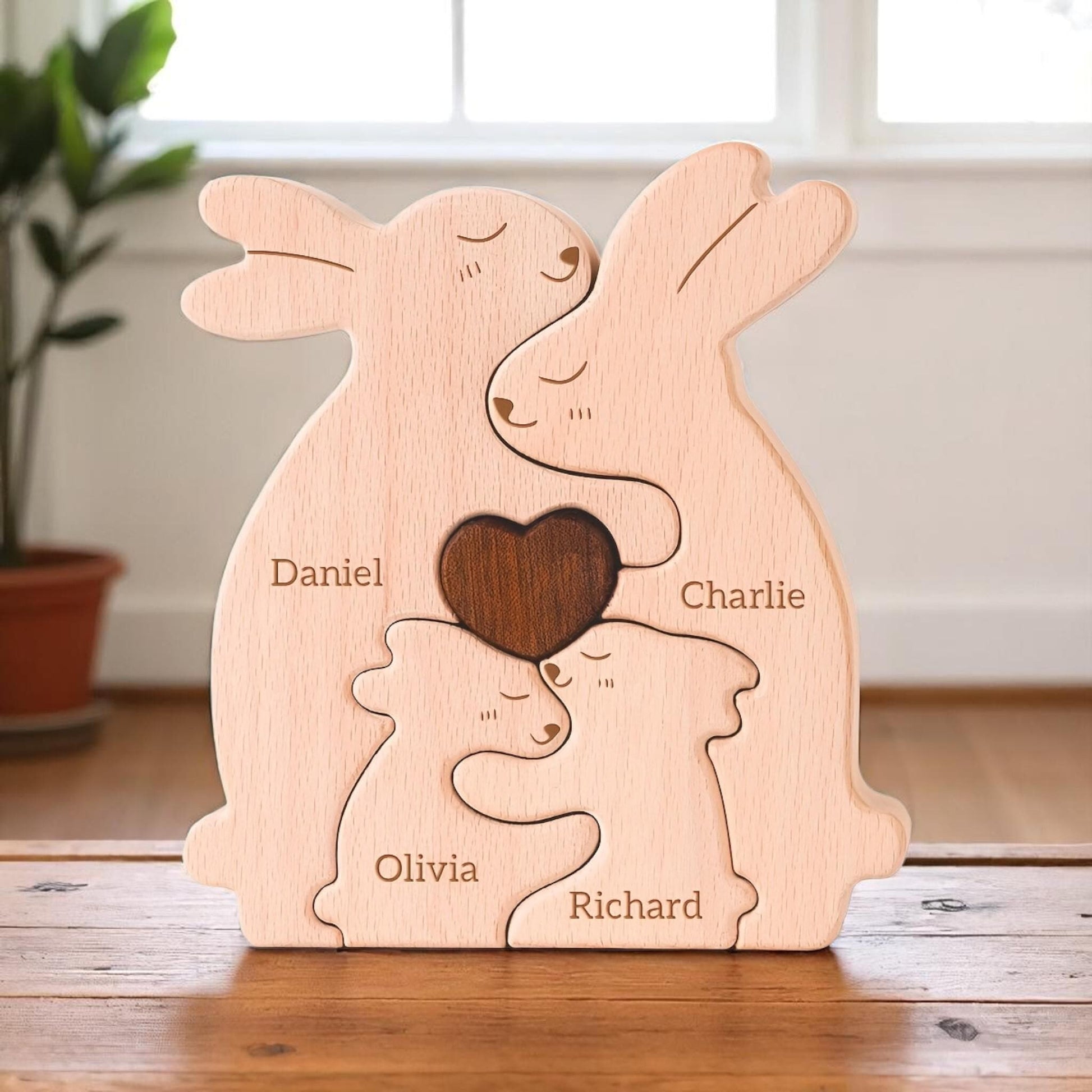 Wooden bunny family ornament four piece family puzzle in premium pine