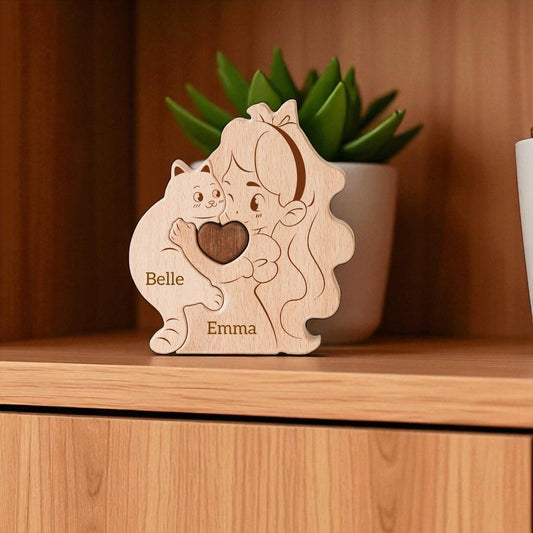 Personalised cat and children wooden puzzle for child with cat and custom names on a  wood shelf