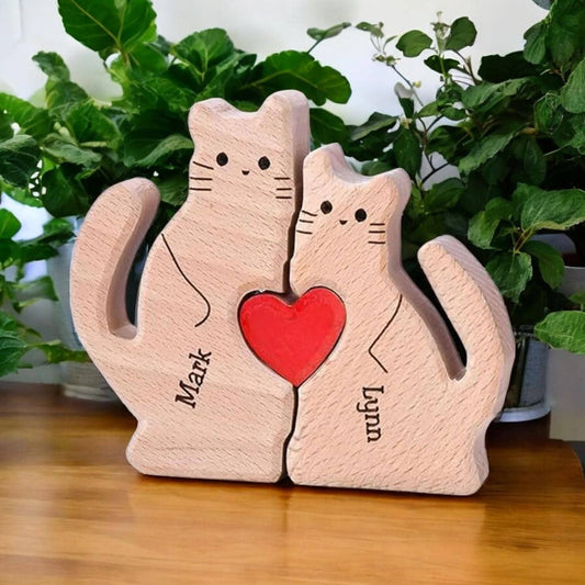 Personalised cat family wooden puzzle for two people with custom engraved names
