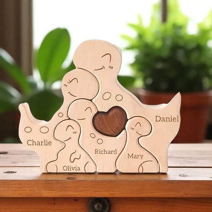 Personalised dinosaur family wooden puzzle for 5 people with custom engraved names on a wooden surface with plants in the background