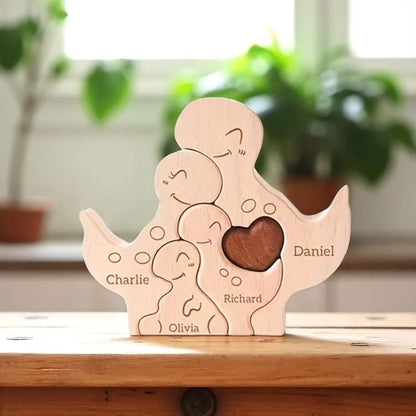 Personalised dinosaur family wooden puzzle for 4 people with custom engraved names on a wooden shelf.