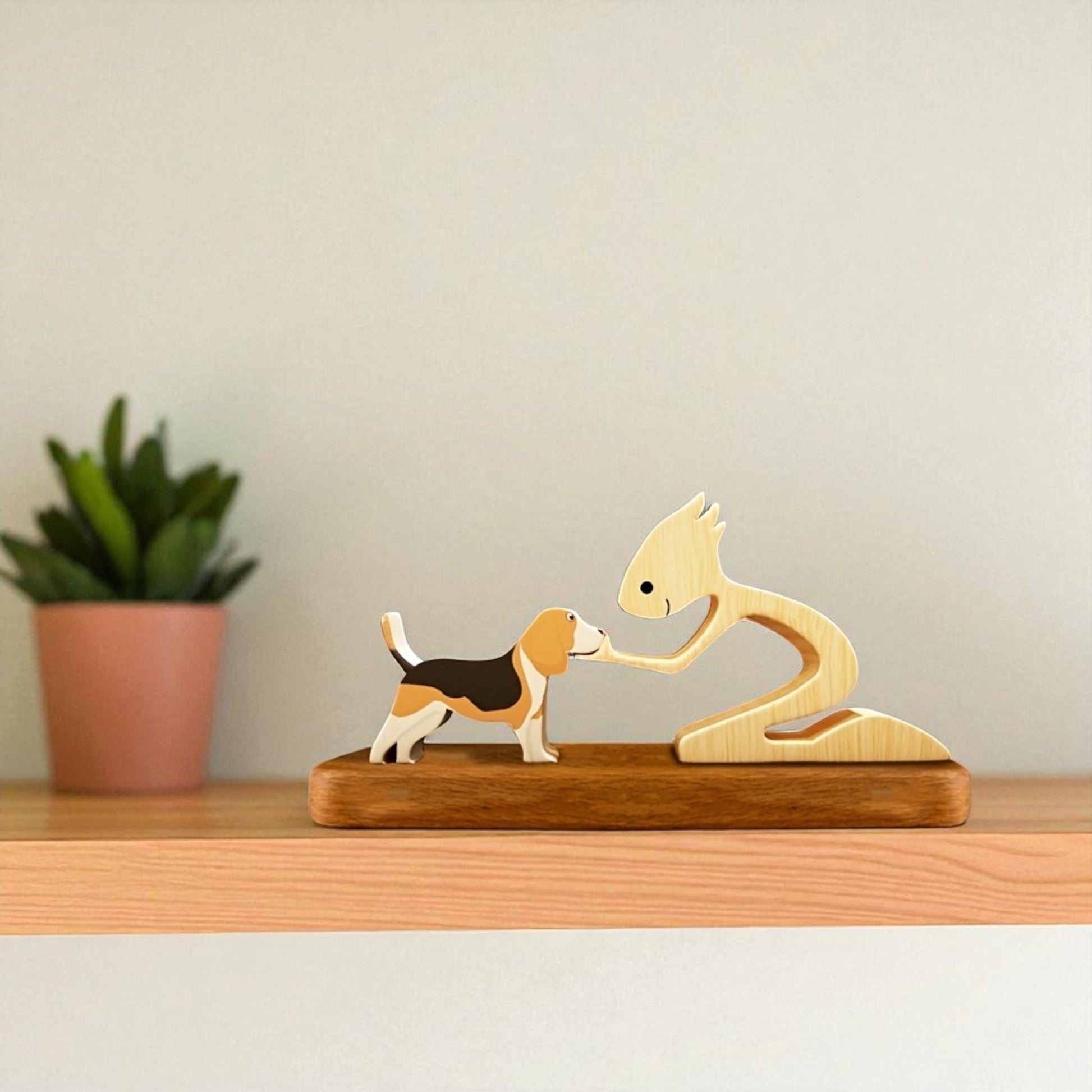 Personalised dog keepsake wooden Beagle figurine with custom engraved names