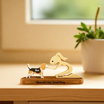 Personalised dog keepsake wooden Beagle figurine with custom engraved names