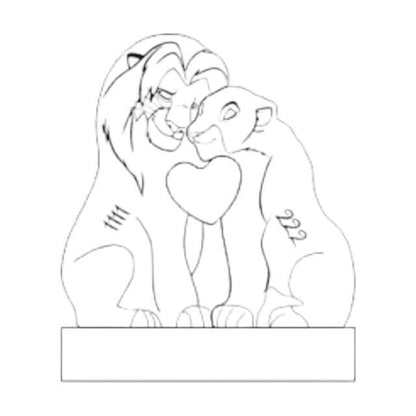 Personalised lion family wooden puzzle for two people with custom engraved names, illustration only.