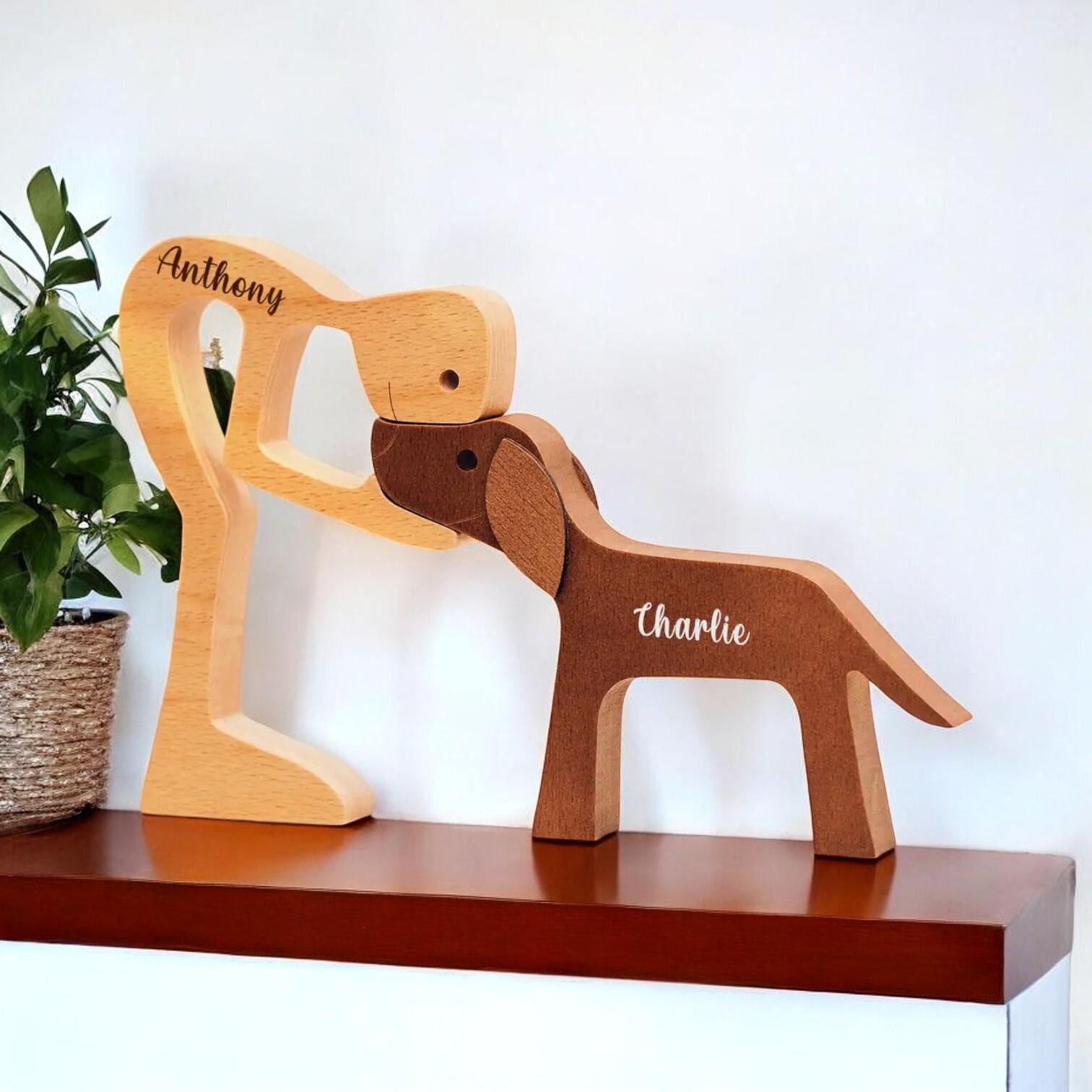 Personalised man and dog wooden sculpture for pet lover keepsake gift
