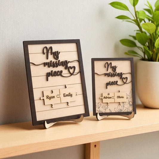Personalised missing piece puzzle frame for couple with custom engraved names