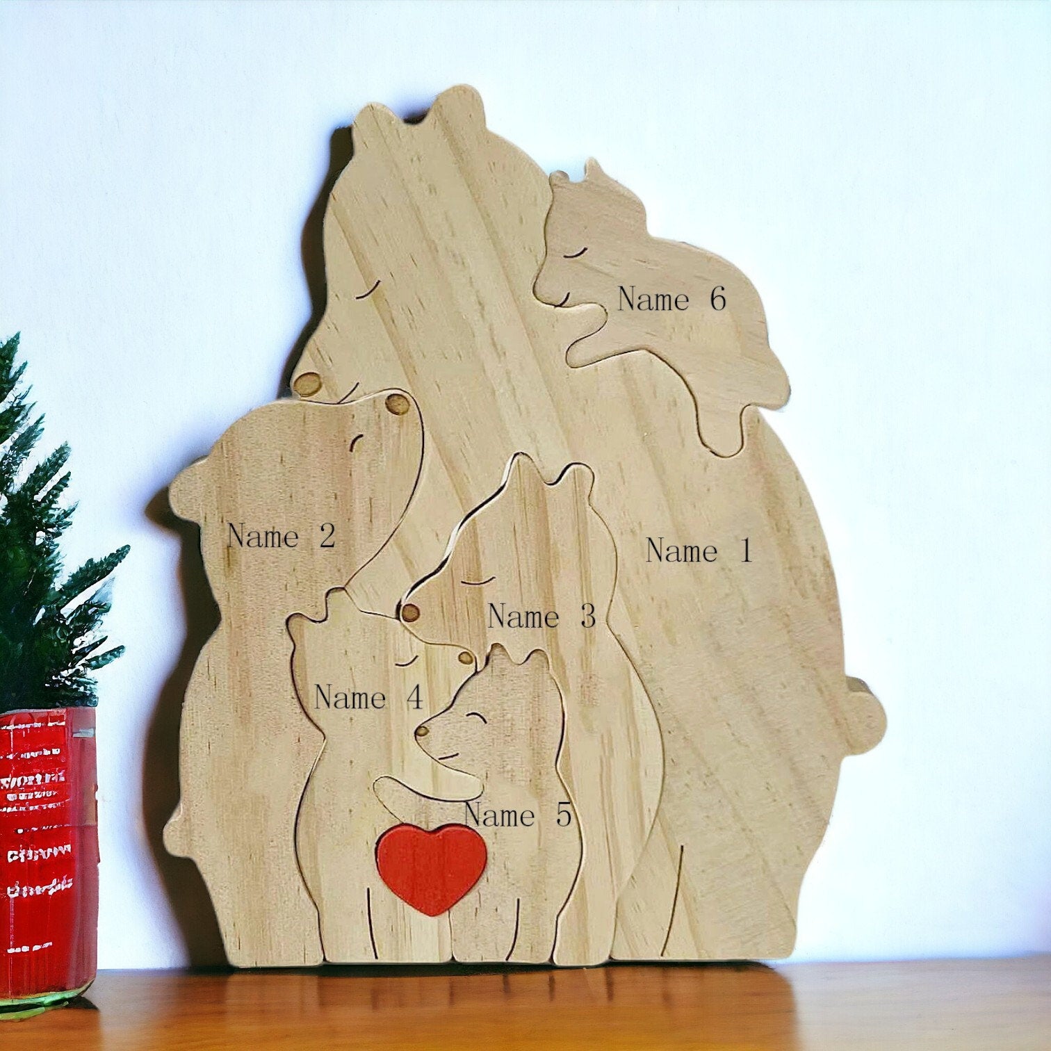 Personalised single parent bear wooden puzzle for parent and five kids gift, on a desk