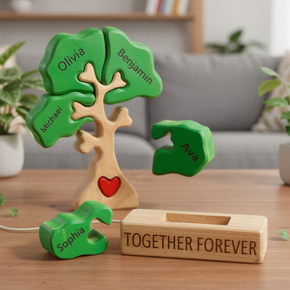 Wooden tree with green leaves and a red heart, featuring engraved names and 'Together Forever' text.